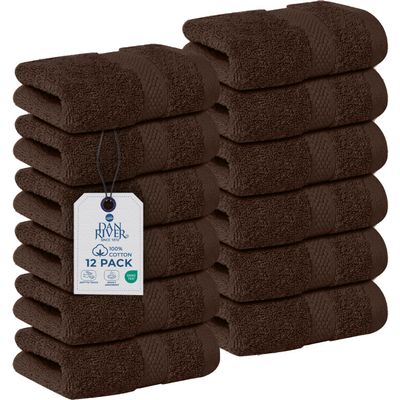 DAN RIVER 12-Pack Premium 100% Cotton Brown Face Towels for Bathroom - Reusable Face Wash Cloths for Showering 12x12 Inches - 550 GSM Super Soft & Absorbent Luxury WashCloths for Body, Spa & Gym