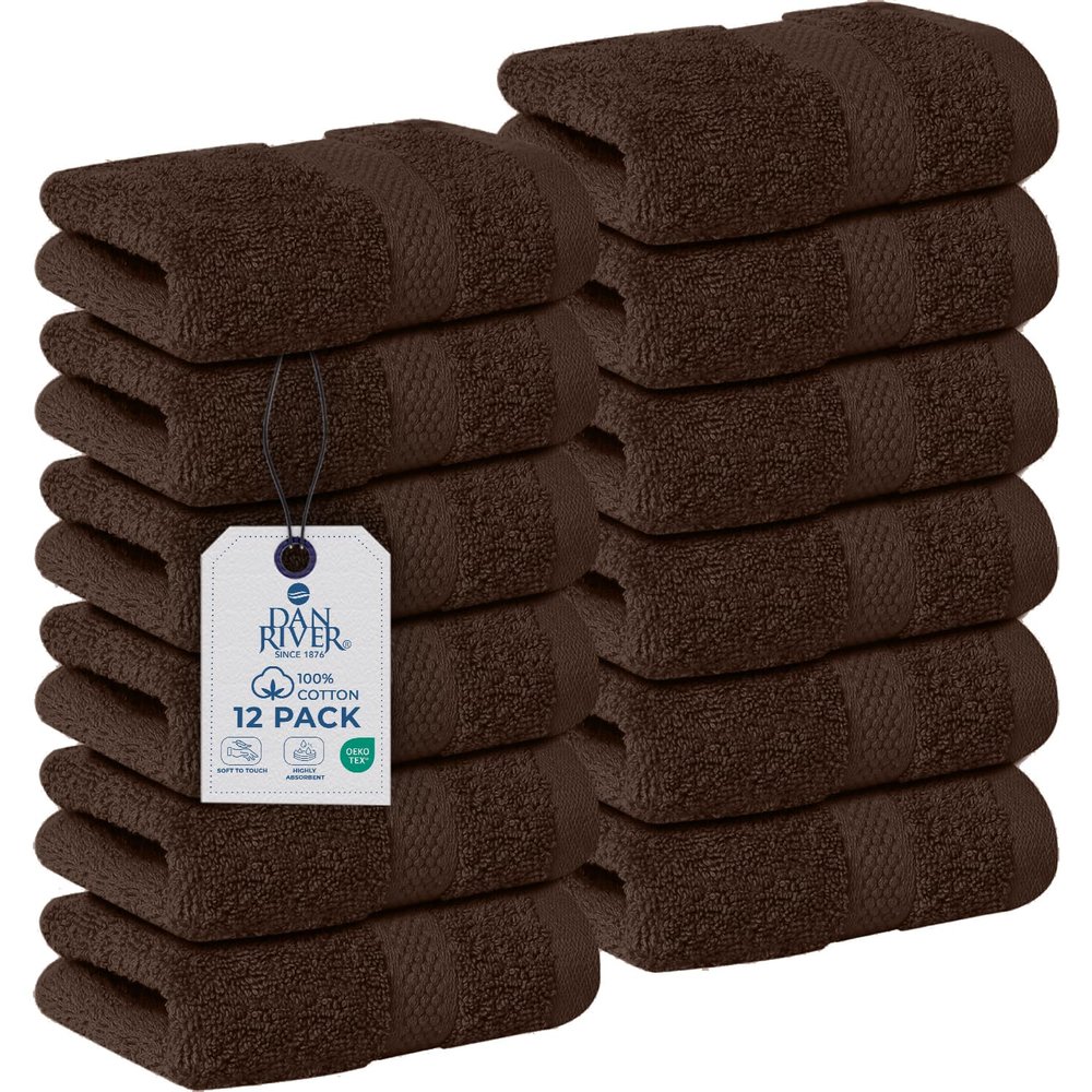 DAN RIVER 12-Pack Premium 100% Cotton Brown Face Towels for Bathroom - Reusable Face Wash Cloths for Showering 12x12 Inches - 550 GSM Super Soft & Absorbent Luxury WashCloths for Body, Spa & Gym