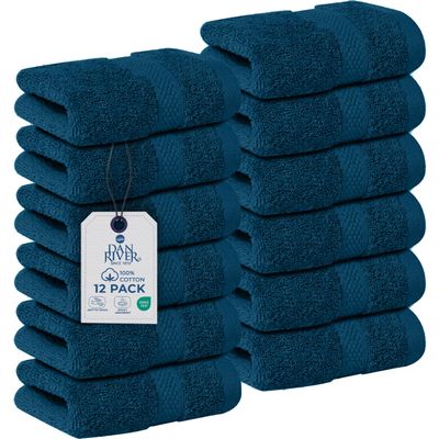 DAN RIVER 12-Pack Premium 100% Cotton Blue Opal Face Towels for Bathroom - Reusable Face Wash Cloths for Showering 12x12 Inches - 550 GSM Super Soft & Absorbent Luxury WashCloths for Body, Spa & Gym