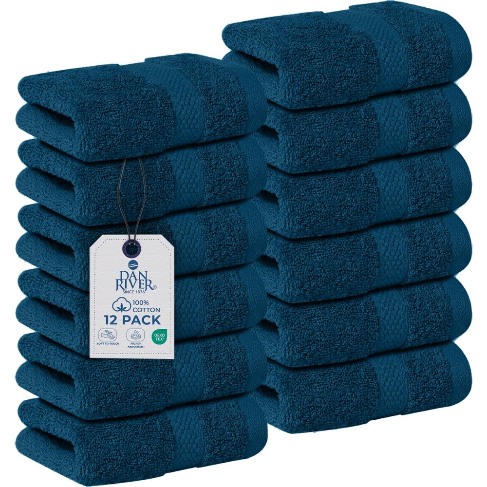 DAN RIVER 12-Pack Premium 100% Cotton Blue Opal Face Towels for Bathroom - Reusable Face Wash Cloths for Showering 12x12 Inches - 550 GSM Super Soft & Absorbent Luxury WashCloths for Body, Spa & Gym