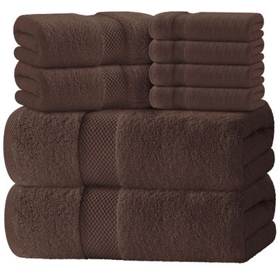 White Classic Luxury Bath Towel Set of 8 Pieces - 100% Turkish Cotton Highly Absorbent Towels for Bathroom, 2 Luxury Bath Towels 700GSM, 2 Hand Towels, 4 Washcloths, Brown