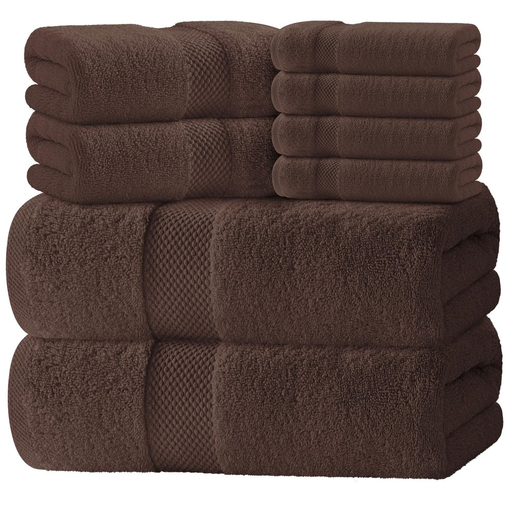 White Classic Luxury Bath Towel Set of 8 Pieces - 100% Turkish Cotton Highly Absorbent Towels for Bathroom, 2 Luxury Bath Towels 700GSM, 2 Hand Towels, 4 Washcloths, Brown