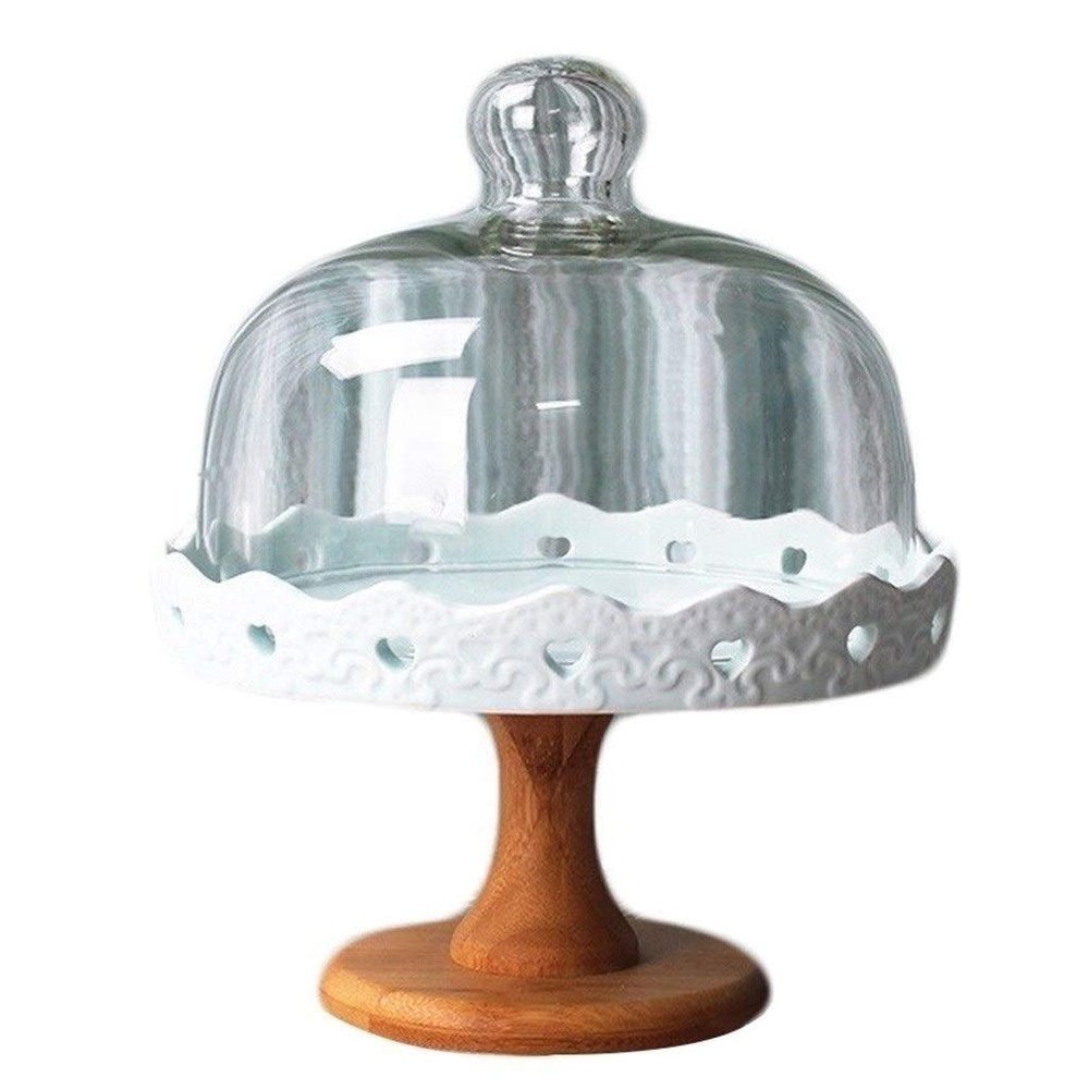 8/10 Inch Cake Stand, Embossed Ceramic Dessert Plate High-level Banquet Fruit Tray Glass Sandwich Dust Cover Sushi Dome Blue/Pink (Color : Blue, Size : 20.520.521CM)