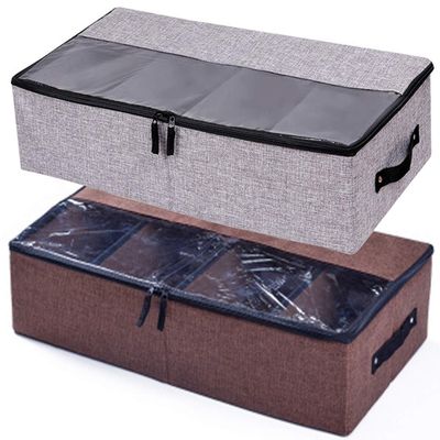 AARAINBOW 2 Packs Foldable Under Bed Shoes Organizer with Lids, Underbed Clothes Storage Container with Divider, UnderBed Storage Bins Box with Clear Window (Gray+Coffee)