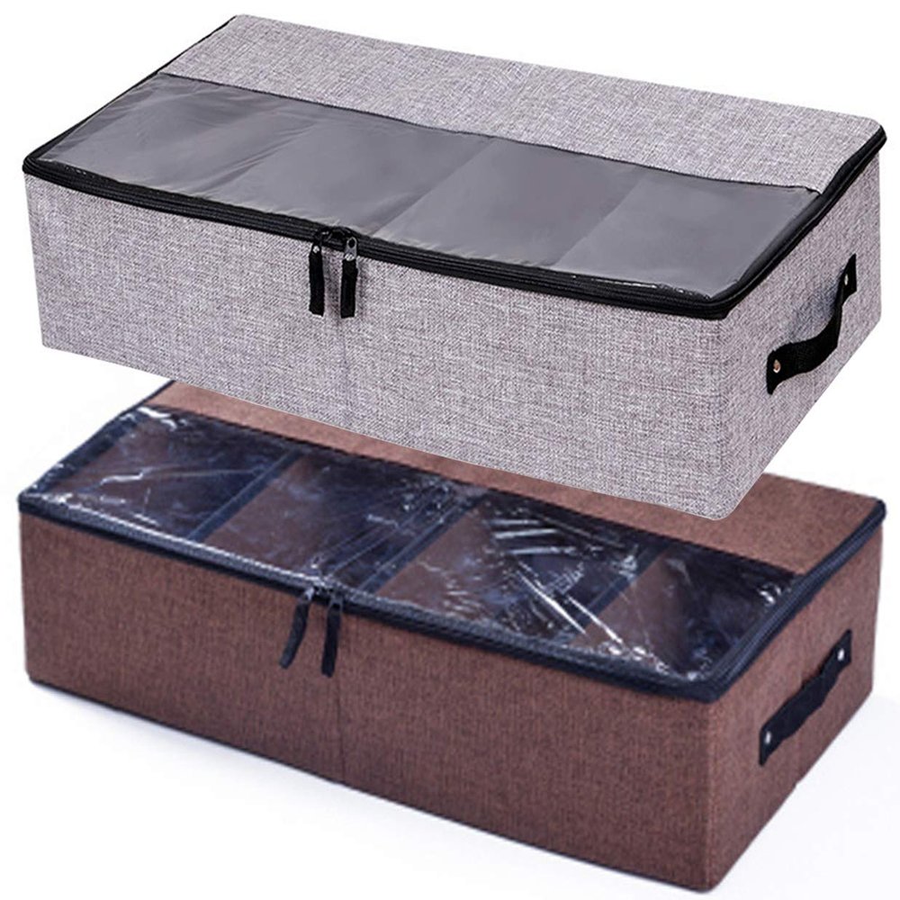 AARAINBOW 2 Packs Foldable Under Bed Shoes Organizer with Lids, Underbed Clothes Storage Container with Divider, UnderBed Storage Bins Box with Clear Window (Gray+Coffee)