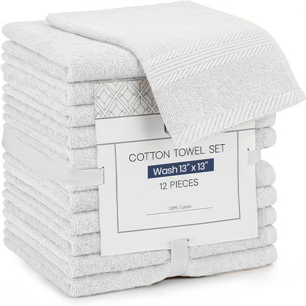 Linteum Textile Supply Premium 13x13 Washcloth (White) 100% Cotton Zero Twist Towels | Absorbent, Quick Dry, Durable for Bathroom, Spa, Gym (12 Pack)