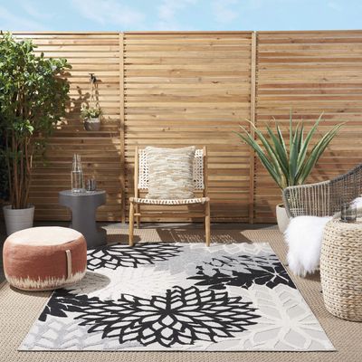Nourison Home Aloha Indoor/Outdoor Black White 3'6" x 5'6" Area Rug, Tropical, Botanical, Easy Cleaning, Non Shedding, Bed Room, Living Room, Dining Room, Deck, Backyard, Patio (3x5)