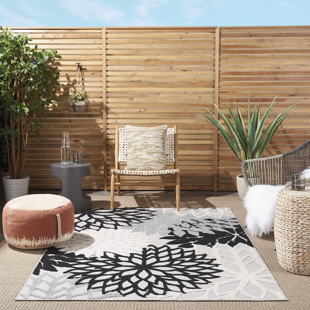 Nourison Home Aloha Indoor/Outdoor Black White 3'6" x 5'6" Area Rug, Tropical, Botanical, Easy Cleaning, Non Shedding, Bed Room, Living Room, Dining Room, Deck, Backyard, Patio (3x5)
