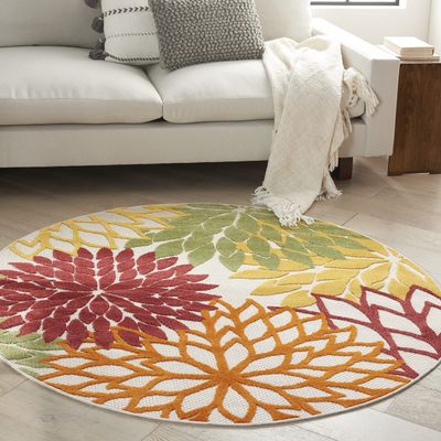 Nourison Home Aloha Indoor/Outdoor Red Multi Colored 4' x Round Area Rug, Tropical, Botanical, Easy Cleaning, Non Shedding, Bed Room, Living Room, Dining Room, Deck, Backyard, Patio (4 Round)