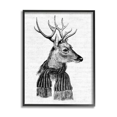 Stupell Industries Reindeer in Scarf Minimal Vintage Portrait, Design by Lettered and Lined Black Framed Wall Art, 16 x 20, Off- White