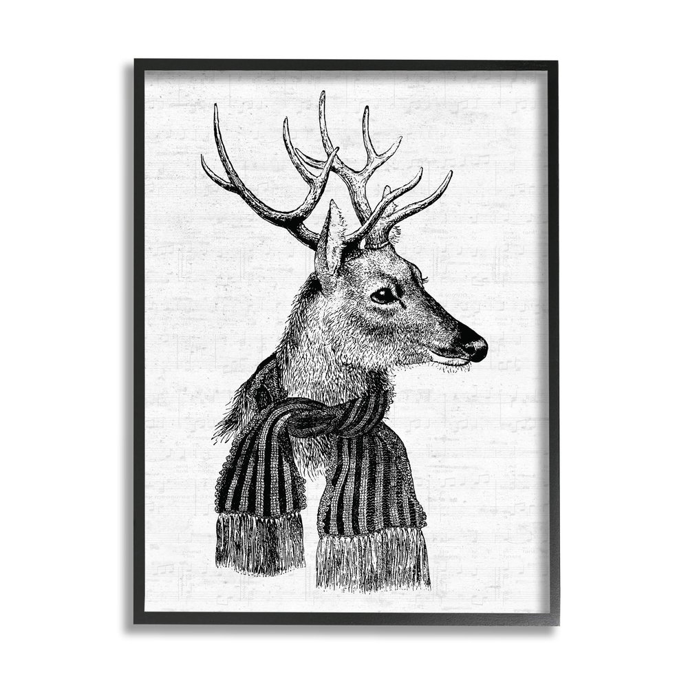 Stupell Industries Reindeer in Scarf Minimal Vintage Portrait, Design by Lettered and Lined Black Framed Wall Art, 16 x 20, Off- White
