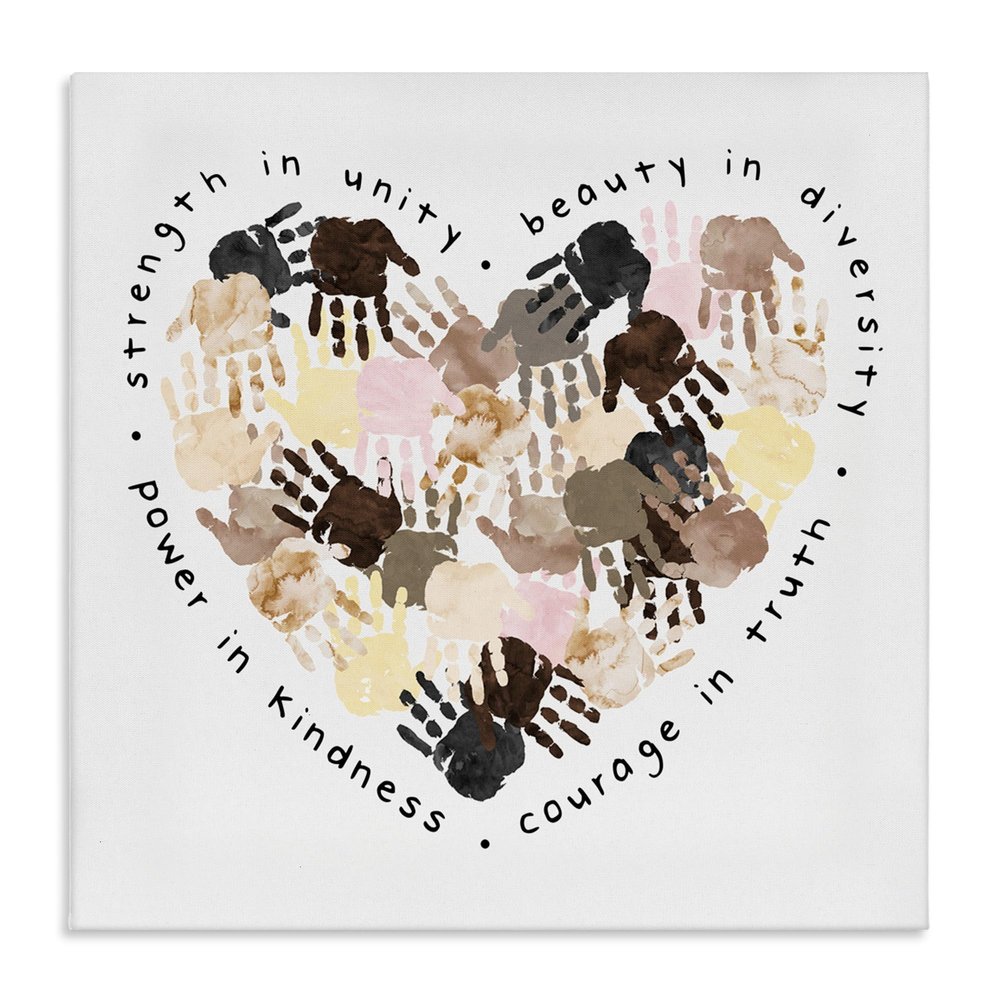 Stupell Industries Powerful Strength in Unity Phrase Handprint Heart, Design by Erica Billups Canvas Wall Art, 24x24, White