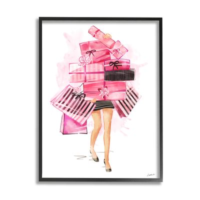 Stupell Industries Pink Glam Gift Stack Fashionista Shopping Pose, Design by Ziwei Li Black Framed Wall Art, 16 x 20