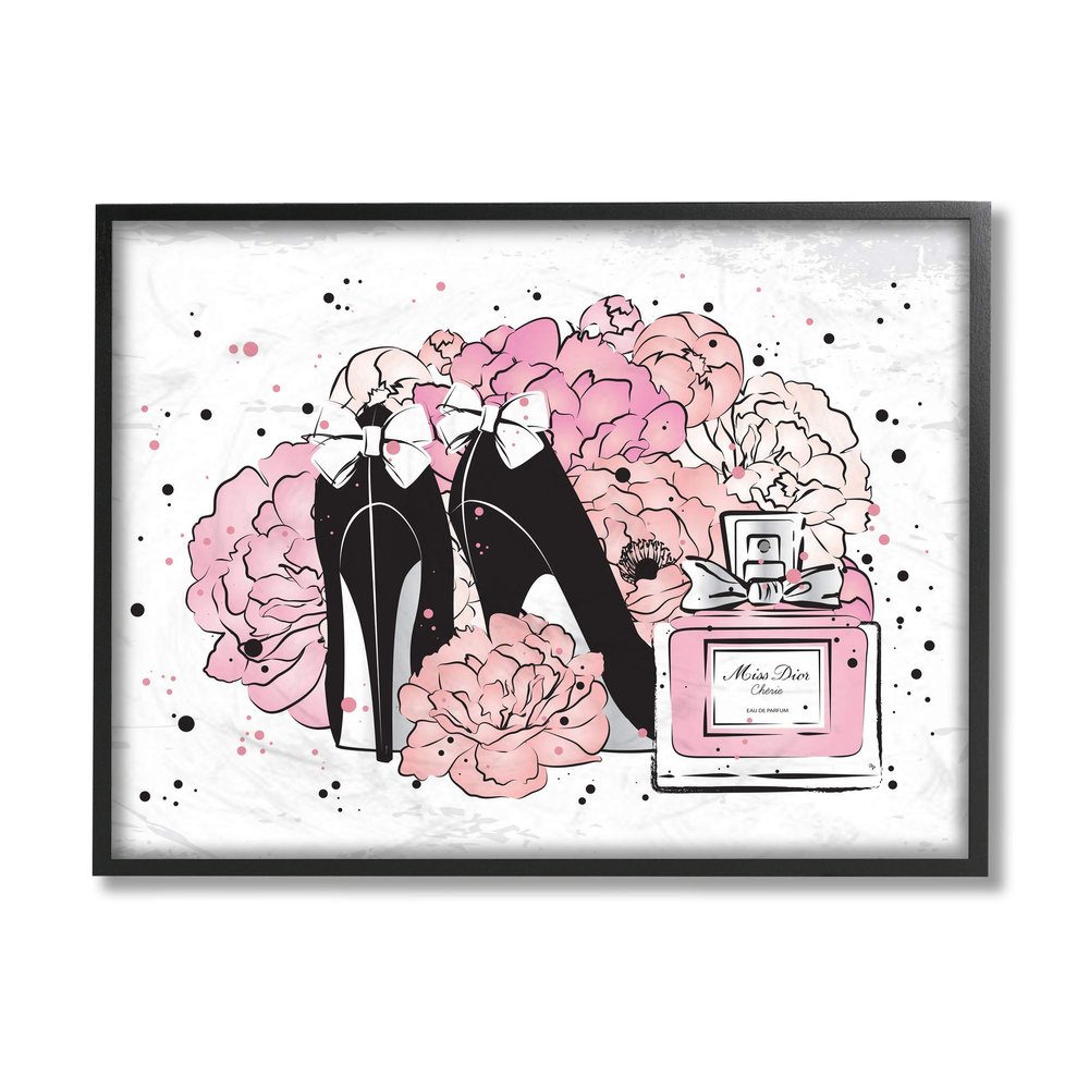 Stupell Industries Glam Pink Peonies Black Fashion Bow Heels