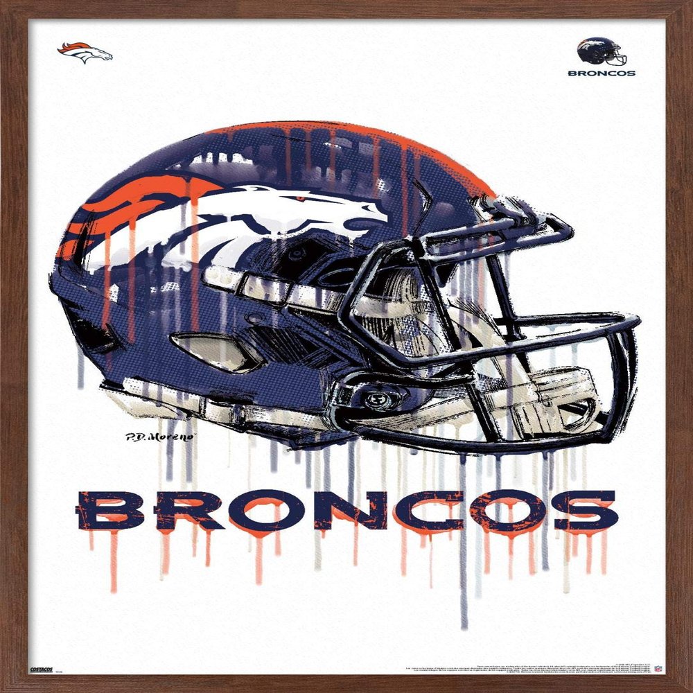 NFL Denver Broncos - Drip Helmet 20 Wall Poster, 22.4L x 14.7W, Mahogany Framed Version