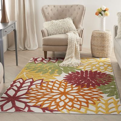 Nourison Home Aloha Indoor/Outdoor Red Multi Colored 3'6" x 5'6" Area Rug, Tropical, Botanical, Easy Cleaning, Non Shedding, Bed Room, Living Room, Dining Room, Deck, Backyard, Patio (3x5)