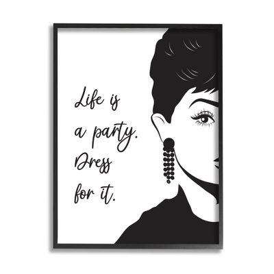Stupell Industries Life's a Party Glam Fashion Phrase Aubrey Portrait, Design by Martina Pavlova Black Framed Wall Art, 16 x 20, White