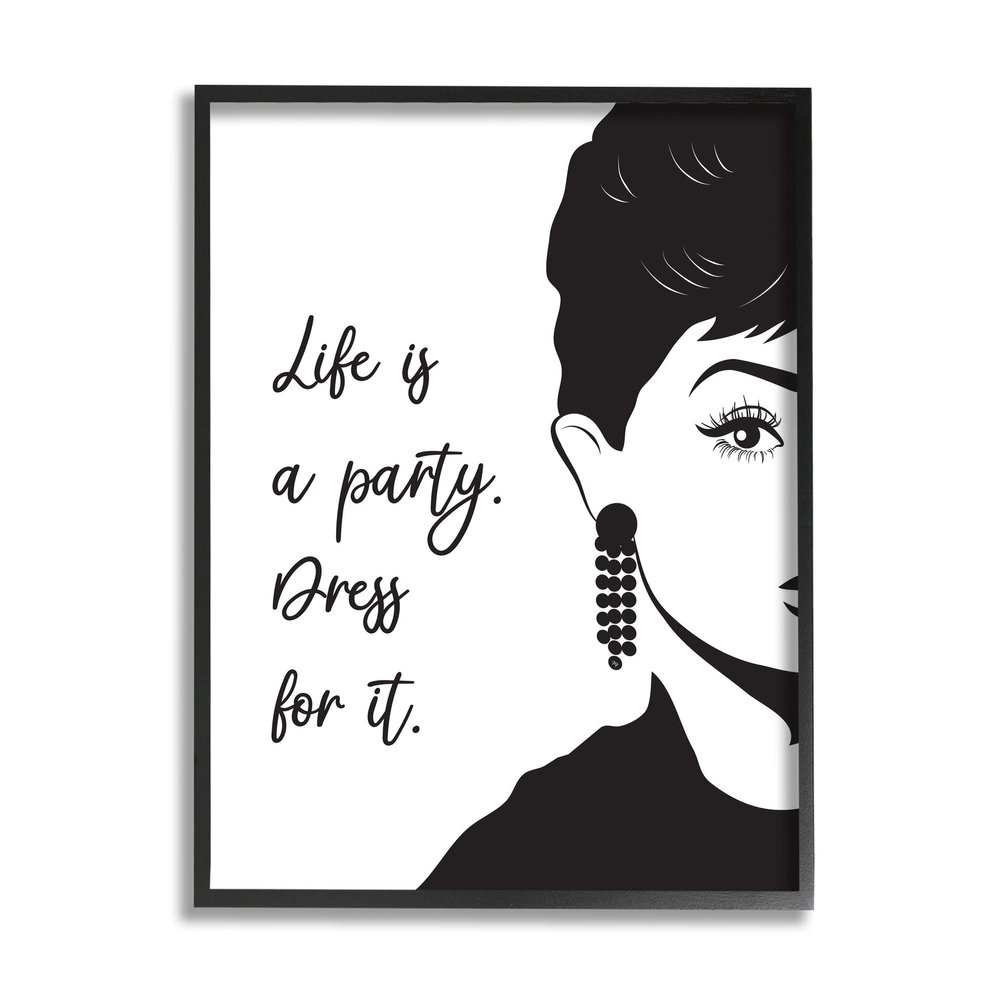 Stupell Industries Life's a Party Glam Fashion Phrase Aubrey Portrait, Design by Martina Pavlova Black Framed Wall Art, 16 x 20, White