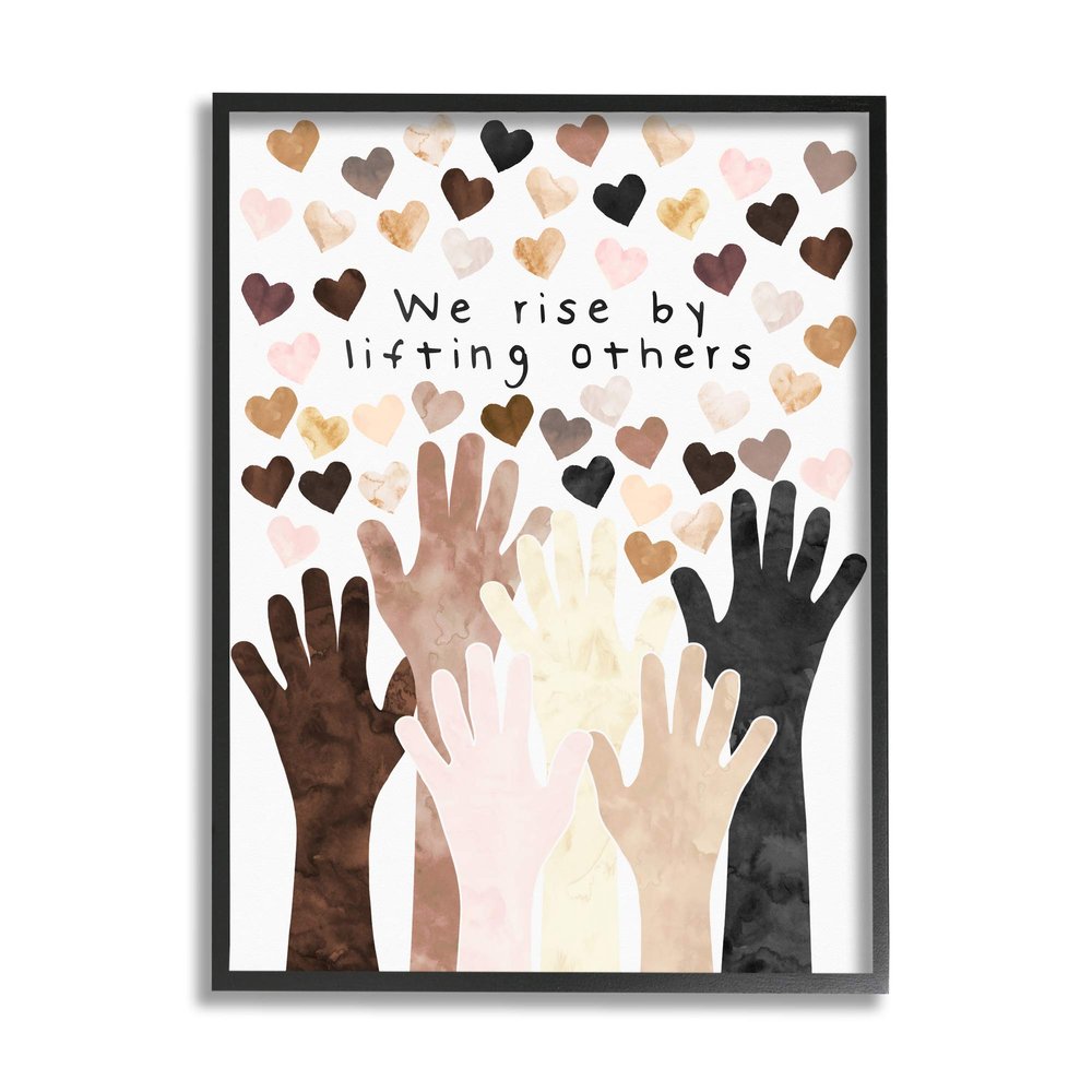 Stupell Industries We Rise by Lifting Others Quote Hands Hearts, Design by Erica Billups Black Framed Wall Art, 11 x 14, White