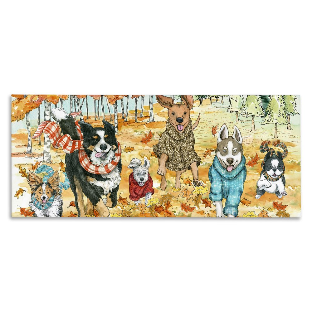Stupell Industries Autumn Dog Park Animals Running Fall Leaves, Design by Sherri Buck Baldwin Canvas Wall Art, 10x24, Orange