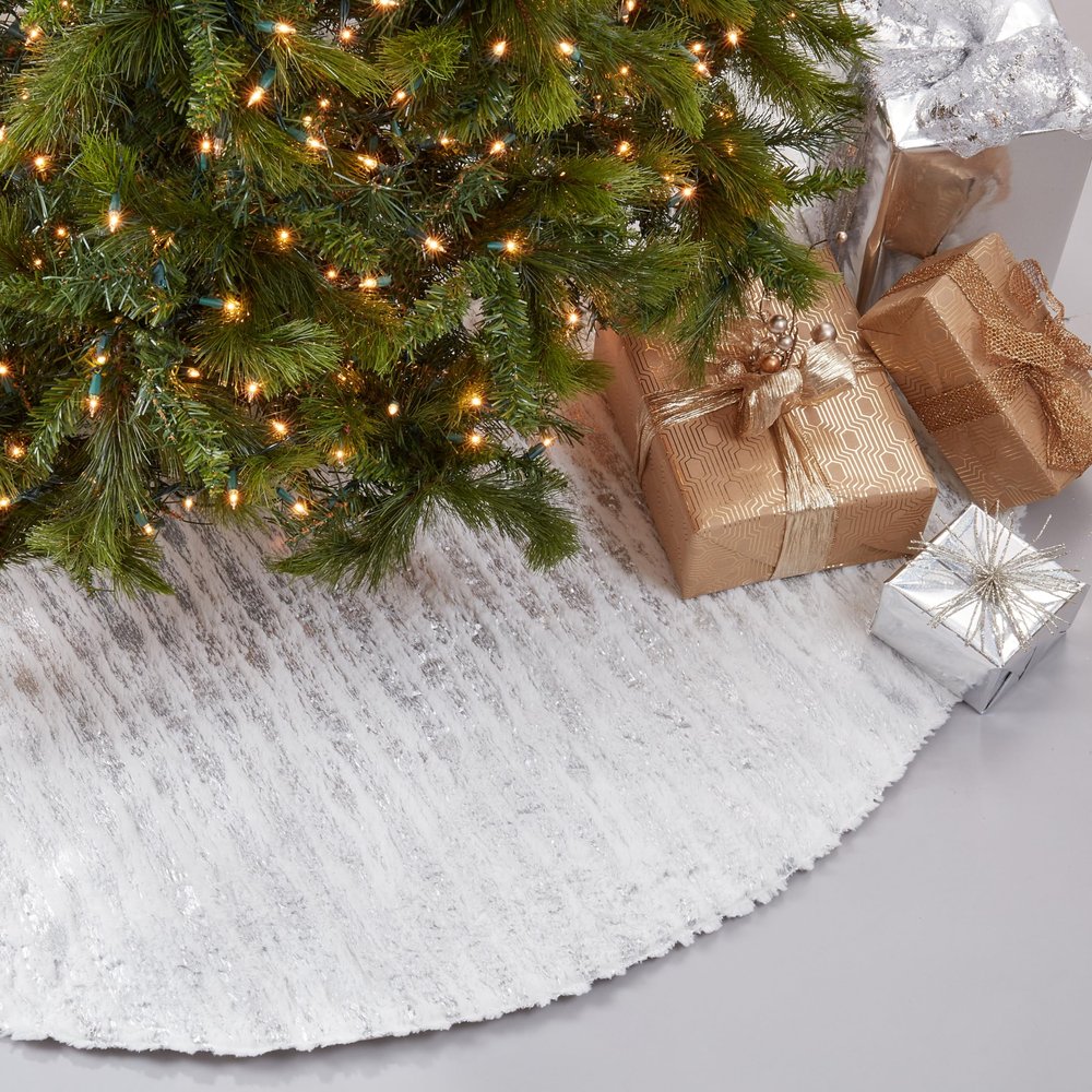 SARO LIFESTYLE Foil Print Faux Fur Christmas Tree Skirt
