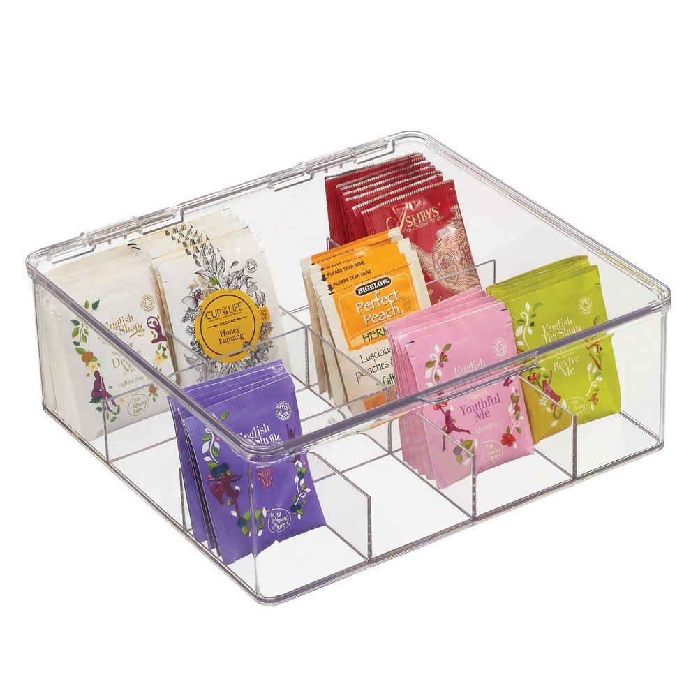 mDesign Plastic Kitchen Organiser Practical Storage Box with 12 Compartments and Hinged Lid Pantry Storage Box with Lid for Tea, Coffee, Spices and Other Foodstuffs Clear