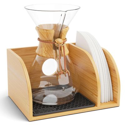 HEXNUB  Caddy for Pour Over Coffee Makers, Bamboo Stand fits Chemex, Bodum, Cosori Carafes, Heatproof Mat, Filter Holder for Coffee Brewing - Black Mat