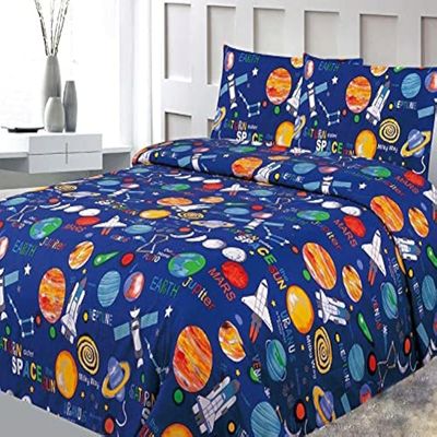 LinenTopia 4 Piece Space Themed Full Bed Sheets for Kids - Fitted Toddler Kids' Sheet & Pillowcase Sets - Planets, Solar System Bedroom Kit - Full Size