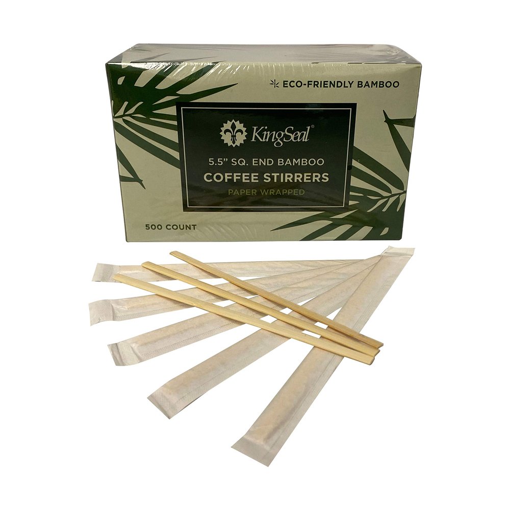 5000 Count | KingSeal Individually Paper Wrapped Bamboo Coffee Stir Sticks, 5.5 inches, Square End, 100% Renewable and Biodegradable - 10 Boxes x 500 Stirrers