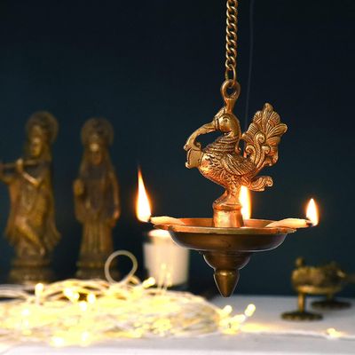 Indian Shelf Handmade Peacock Brass Oil Lamp for Inaugration Traditional Festival Deepak Pital God Idol Deep (Size: 15.5cm) BOL-305
