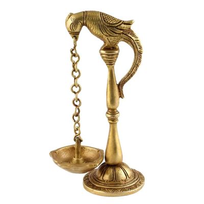 Indian Shelf Handmade Peacock South Indian Diya for Pooja Ceremony Brass Oil Lamp Decorative Deepak (Size: 15.5cm) BOL-304