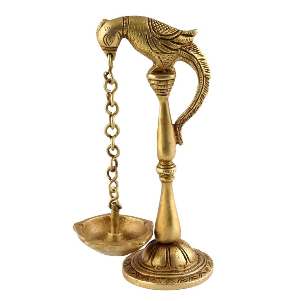 Indian Shelf Handmade Peacock South Indian Diya for Pooja Ceremony Brass Oil Lamp Decorative Deepak (Size: 15.5cm) BOL-304