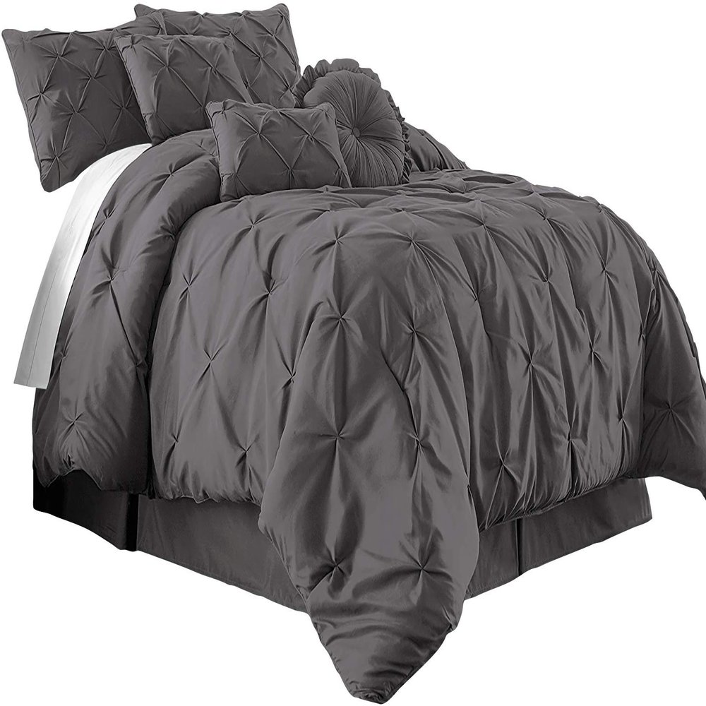 International Sheets Luxury 800 Thread Count 100% Egyptian Cotton 7 Piece Pinch Pleat Pintuck Bedding Comforter Set (King, Dark Grey)
