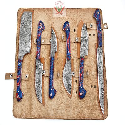 Custom Made Damascus Steel Kitchen Knife 6-Pcs Set FBK-01011, 01021, 01040, 01071, 01083, 01084, 01085, 01131 and 01135 (Red & Blue Resin)