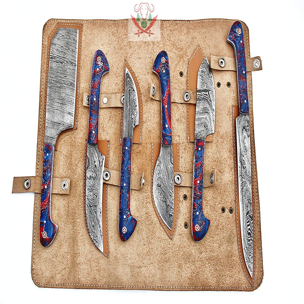 Custom Made Damascus Steel Kitchen Knife 6-Pcs Set FBK-01011, 01021, 01040, 01071, 01083, 01084, 01085, 01131 and 01135 (Red & Blue Resin)