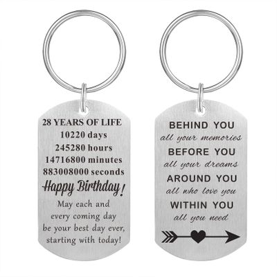 MXRSDF 28th Birthday Gifts for Him Her, 28 Years Old Birthday Decorations Keychain for Men Women, Metal Engraved