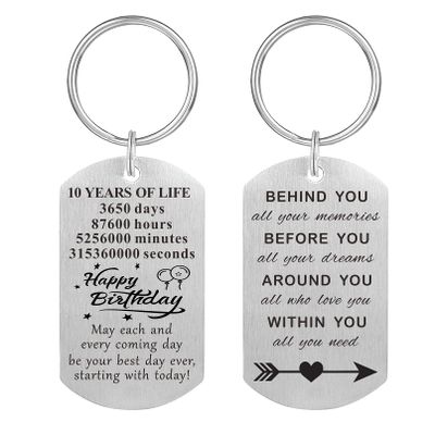 MXRSDF 10th Birthday Gifts for Him Her, 10 Years Old Boys Girls Birthday Decorations Keychain, Metal Engraved