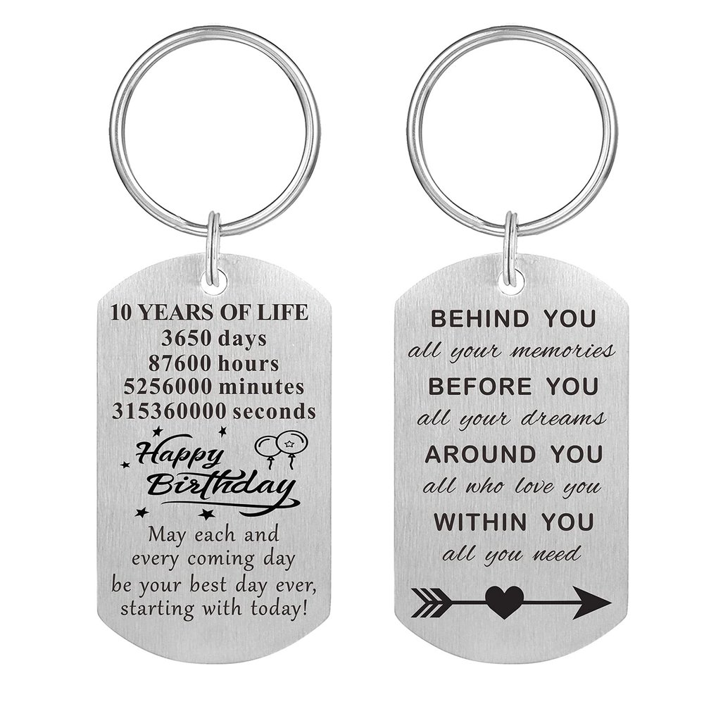 MXRSDF 10th Birthday Gifts for Him Her, 10 Years Old Boys Girls Birthday Decorations Keychain, Metal Engraved
