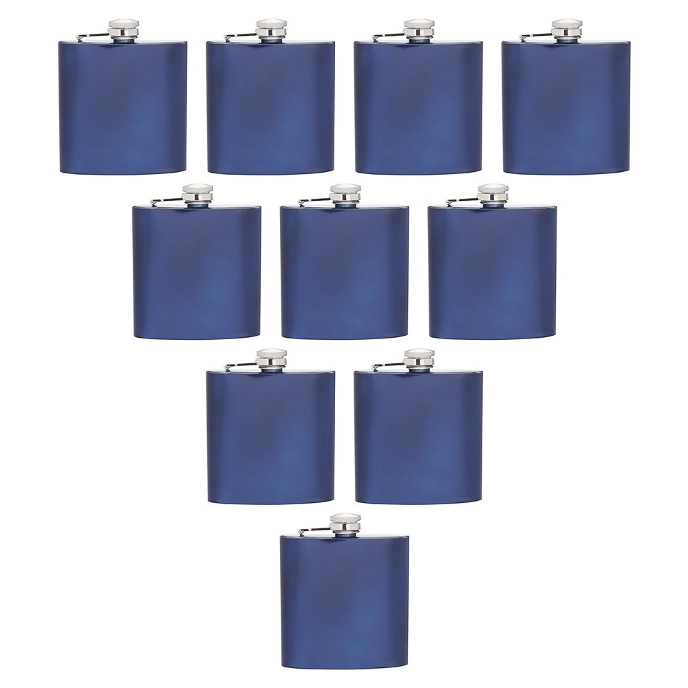Murano Stainless Steel Hip Flasks 6 oz. Set of 10, Bulk Pack - Screw on Cap, Great for Wedding Party Gifts, Groomsmen Gifts, Outdoor Activities - Blue