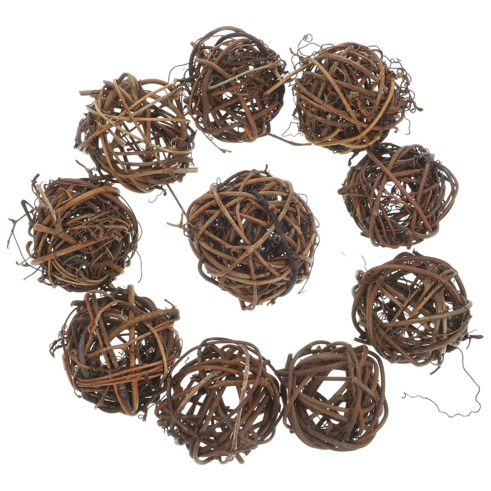 10 Pack Natural Wicker Rattan Balls for Home Decor - 2.36 inch Vase Fillers, Centerpiece, Wedding & Christmas Decor, Small Animal Chew Toys for Rabbits, Guinea Pigs, Brown