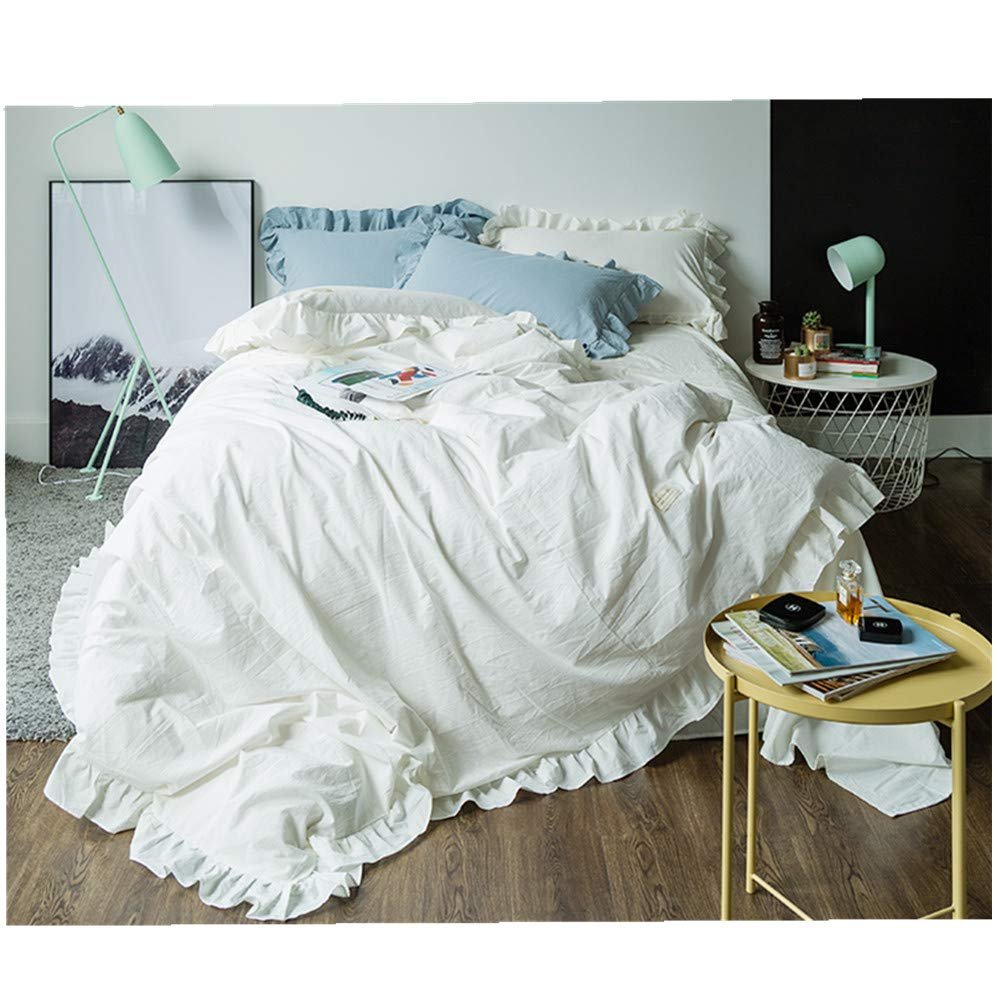 4 Pieces Vintage Stone Washed Cotton Bedding Sets Girls Princess Ruffle Duvet Cover Pillowcases Full Queen Size Bed Sheets White/Pink/Sage Green/Grey (41YS-1-White, Full Size 4pcs)