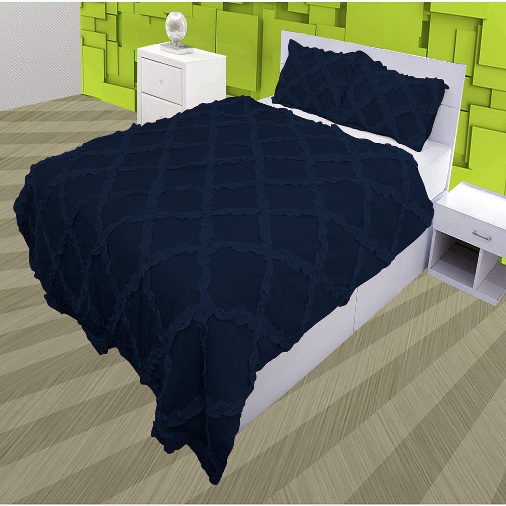 3 Piece Cross Ribbon Ruffle Duvet Cover Set with Zipper & Corner Ties 800 Thread Count 100% Egyptian Cotton Premium Hotel Class Decorative Bedding(Twin/Twin-XL, Navy)