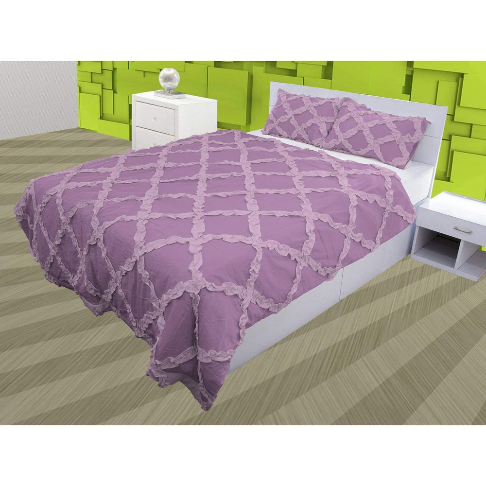 3 Piece Cross Ribbon Ruffle Duvet Cover Set with Zipper & Corner Ties 800 Thread Count 100% Egyptian Cotton Premium Hotel Class Decorative Bedding(Super King, Lilac/Baby Pink)