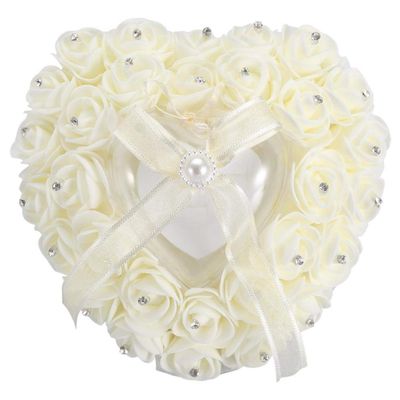 Haofy Wedding Ring Pillow, Romantic Heart-Shaped Wedding Ring Box Rose Rhinestone Decor Ring Pillow Cushion,Wedding Ring Cushion Wedding Engagement Party Accessories (Cream)