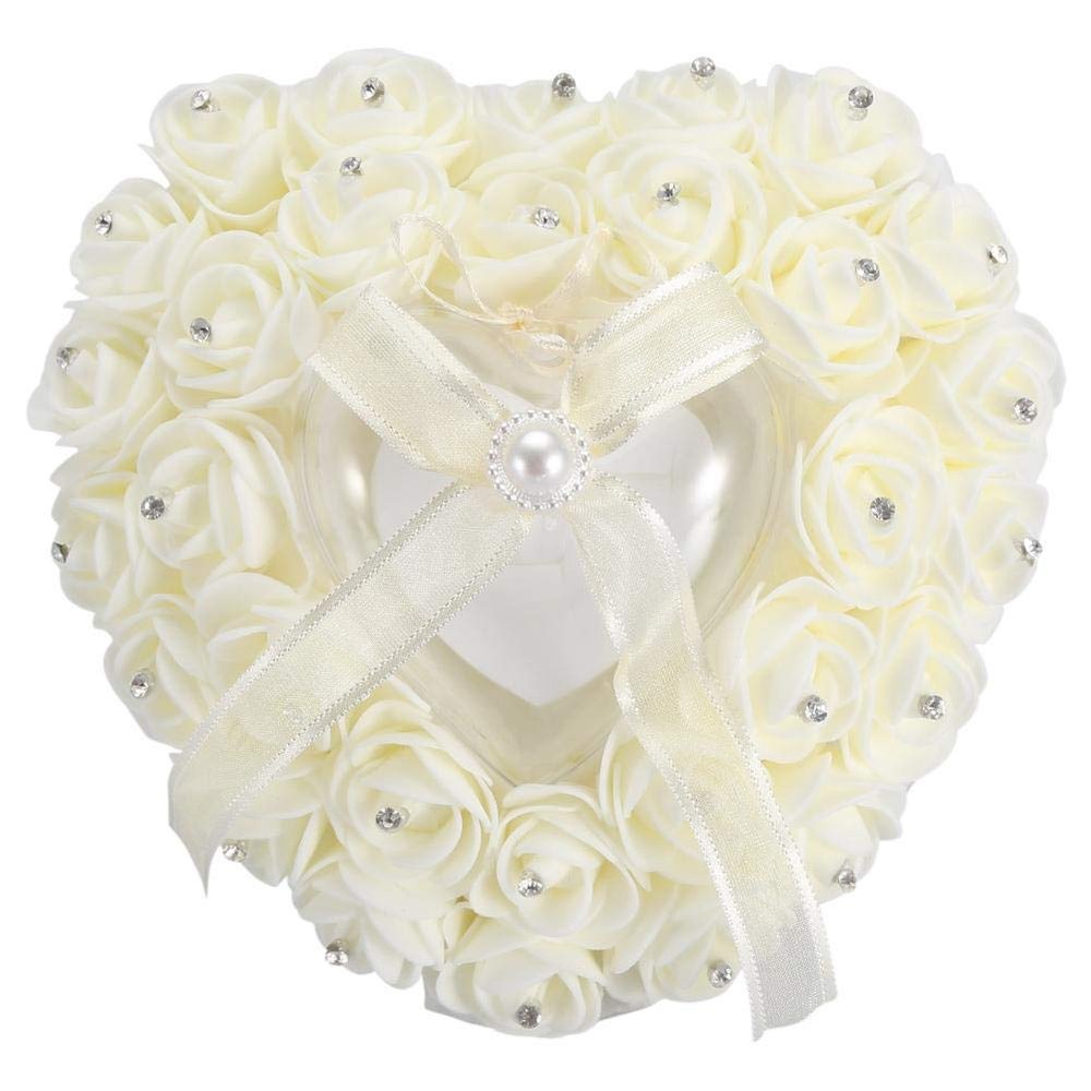 Haofy Wedding Ring Pillow, Romantic Heart-Shaped Wedding Ring Box Rose Rhinestone Decor Ring Pillow Cushion,Wedding Ring Cushion Wedding Engagement Party Accessories (Cream)