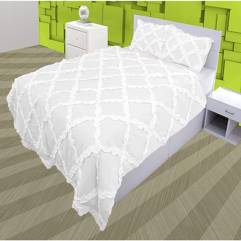 3 Piece Cross Ribbon Ruffle Duvet Cover Set with Zipper & Corner Ties 800 Thread Count 100% Egyptian Cotton Premium Hotel Class Decorative Bedding(King/Cal-King, White)