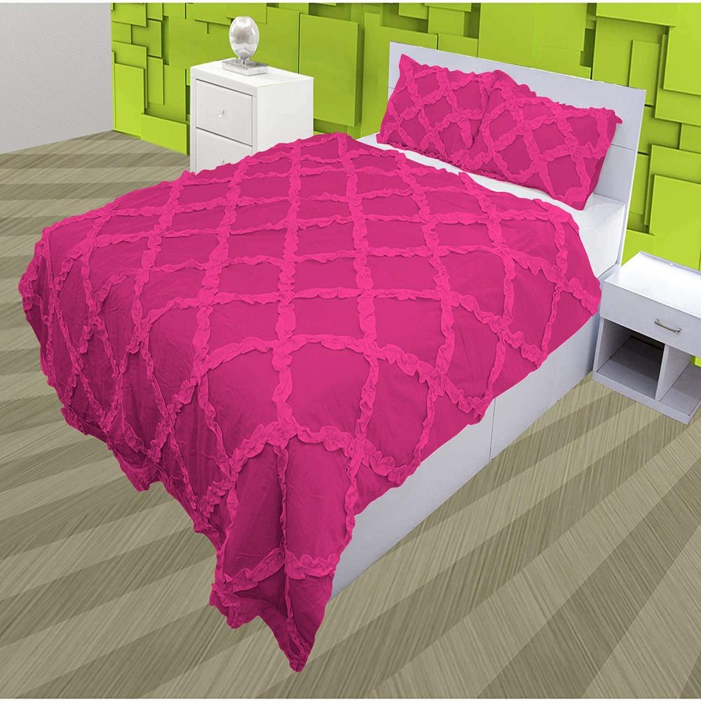 3 Piece Cross Ribbon Ruffle Duvet Cover Set with Zipper & Corner Ties 800 Thread Count 100% Egyptian Cotton Premium Hotel Class Decorative Bedding(Oversized Super King, Hot Pink)