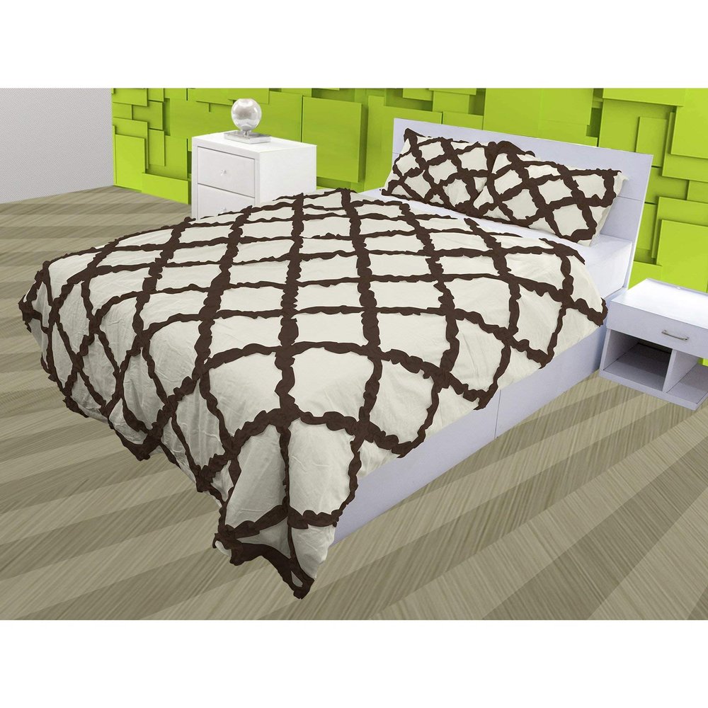 3 Piece Cross Ribbon Ruffle Duvet Cover Set with Zipper & Corner Ties 800 Thread Count 100% Egyptian Cotton Premium Hotel Class Decorative Bedding(Super King, Ivory/Chocolate)
