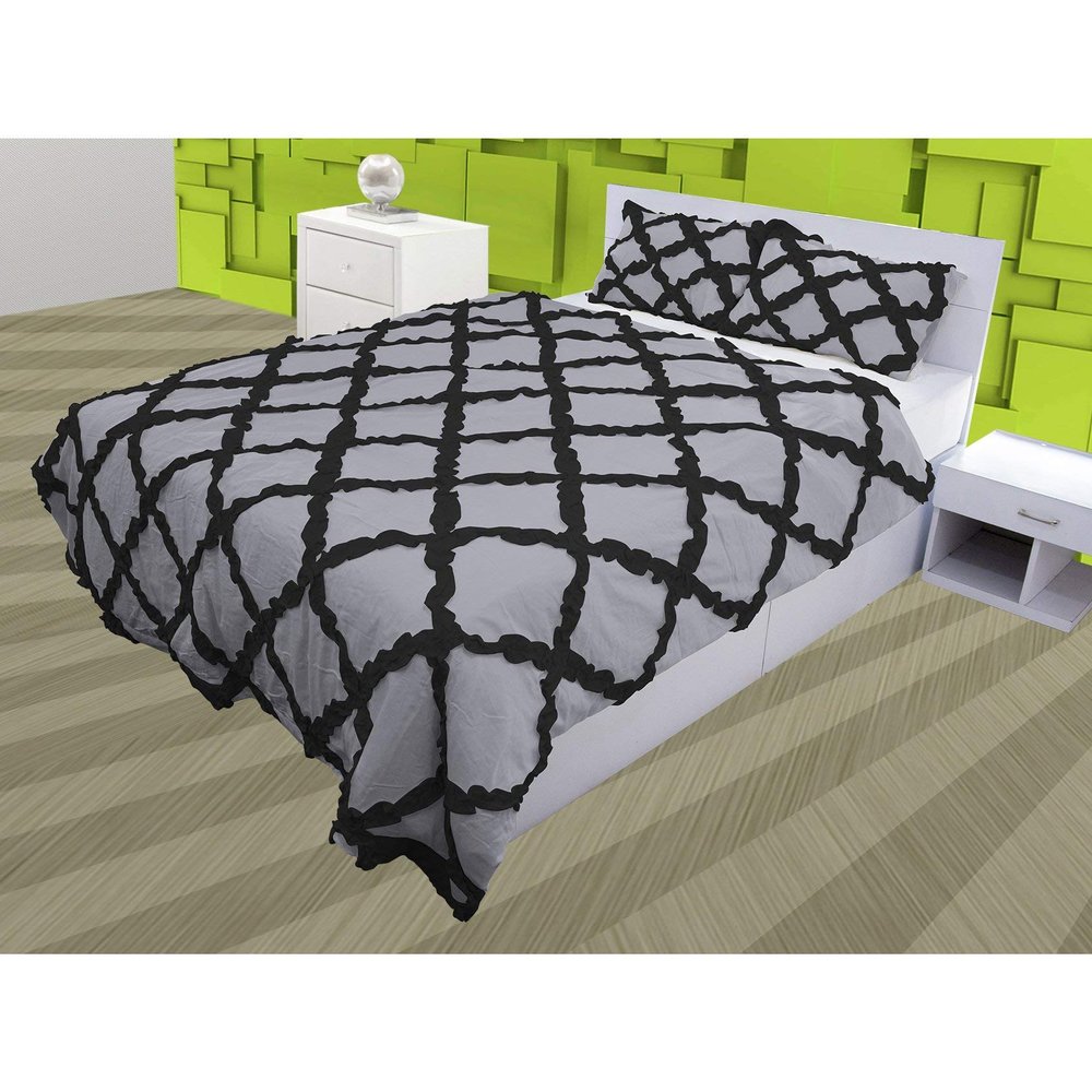 3 Piece Cross Ribbon Ruffle Duvet Cover Set with Zipper & Corner Ties 800 Thread Count 100% Egyptian Cotton Premium Hotel Class Decorative Bedding(Full/Queen, Silver/Black)