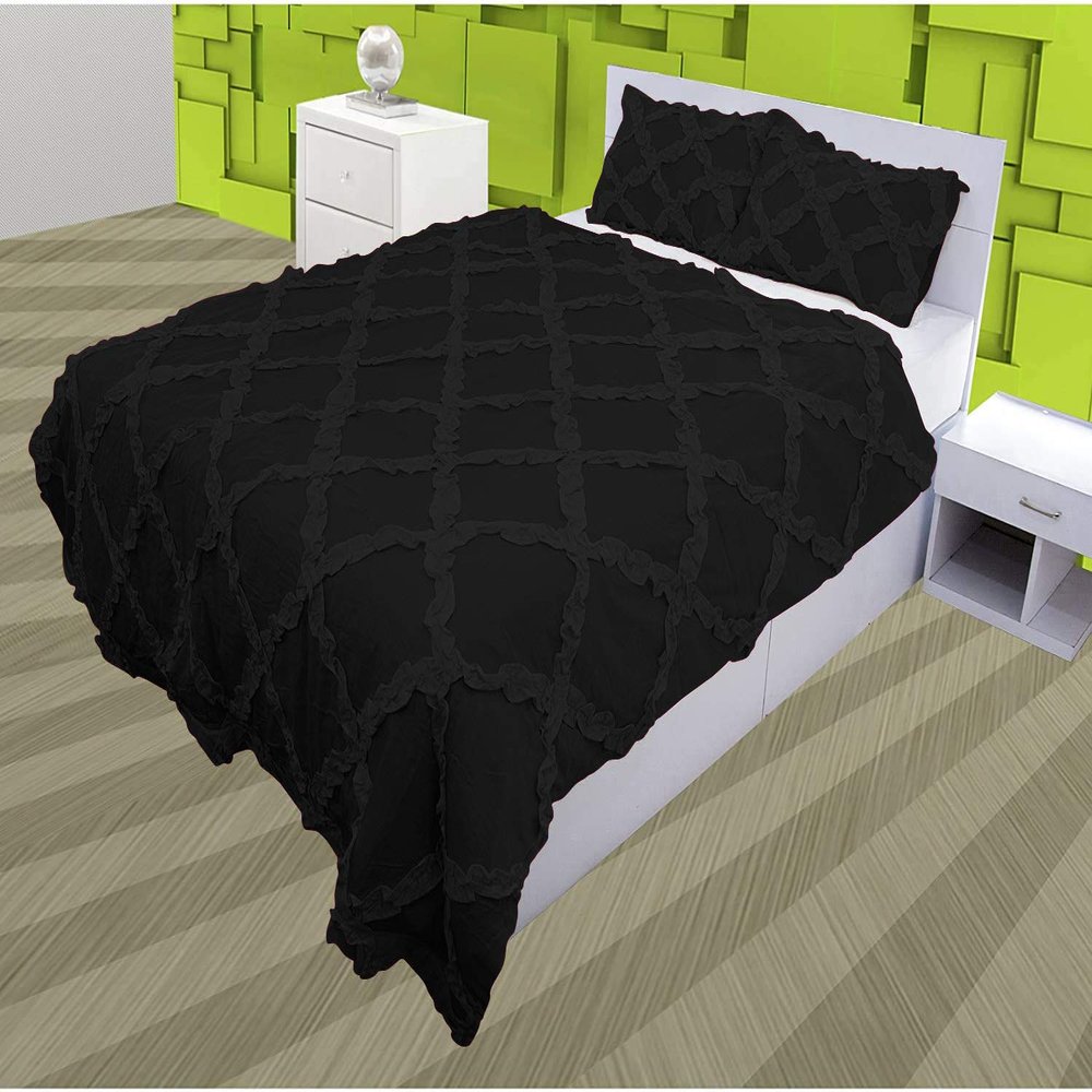 5 Piece Cross Ribbon Ruffle Duvet Cover Set with Zipper & Corner Ties 800 Thread Count 100% Egyptian Cotton Premium Hotel Class Decorative Bedding(Super King, Black)